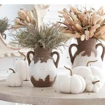 MATTE TAUPE & WHITE GLAZED DOUBLE HANDLE CERAMIC VASE, Small