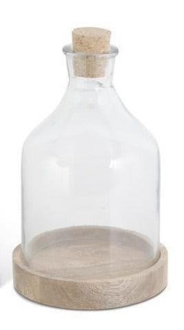 GLASS BOTTLE CLOCHE ON WOODEN BASE (Small)