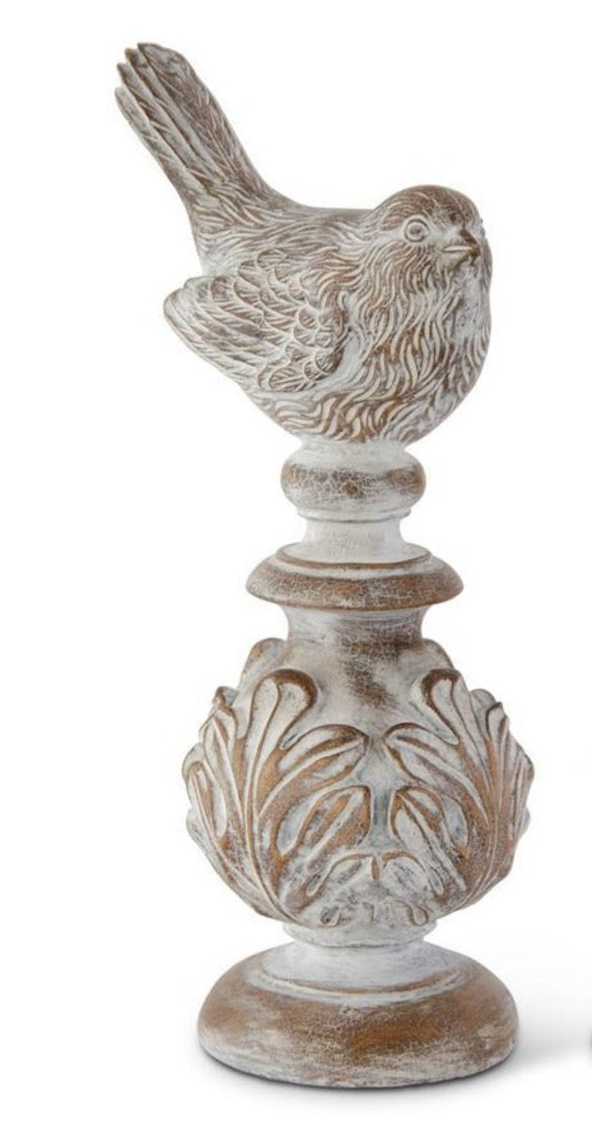 WHITEWASHED CARVED RESIN FINIAL, Perched Bird