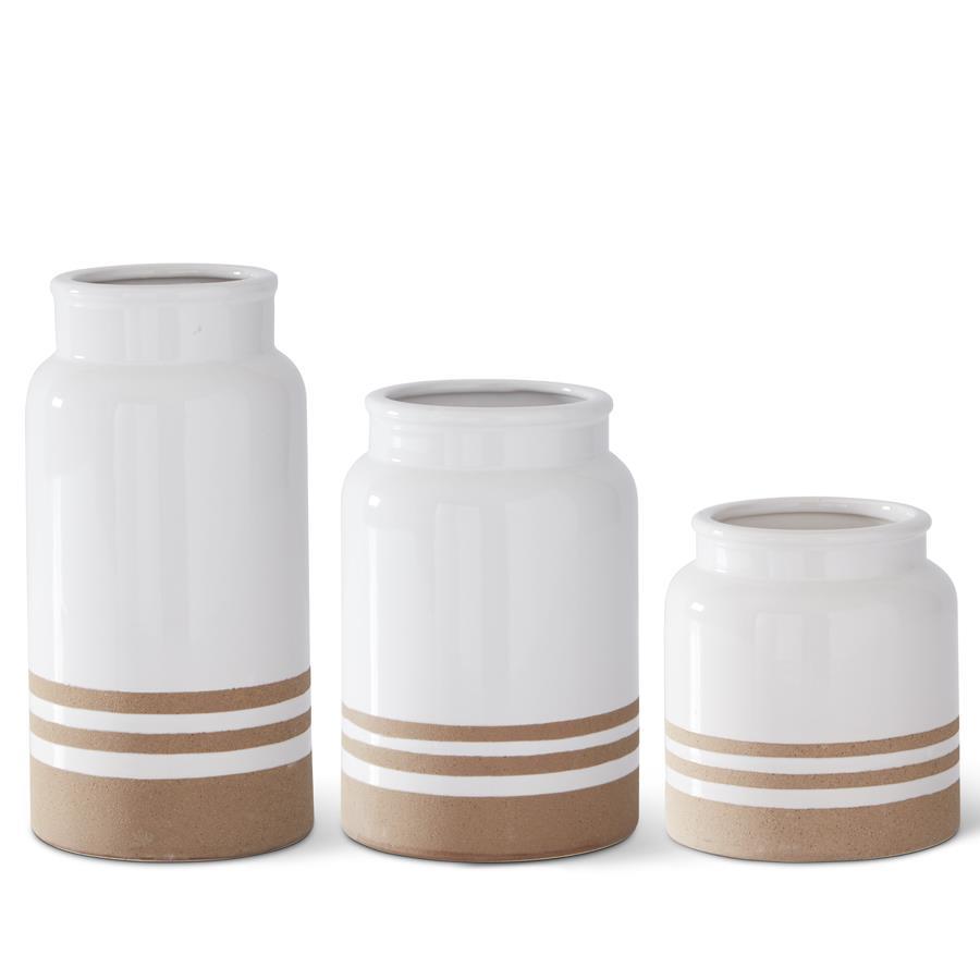 White w/Tan Stripes Ceramic Vase, Small