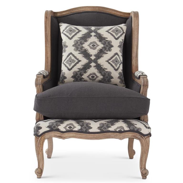 BLACK & GRAY PATTERN MANGO WOOD WING CHAIR