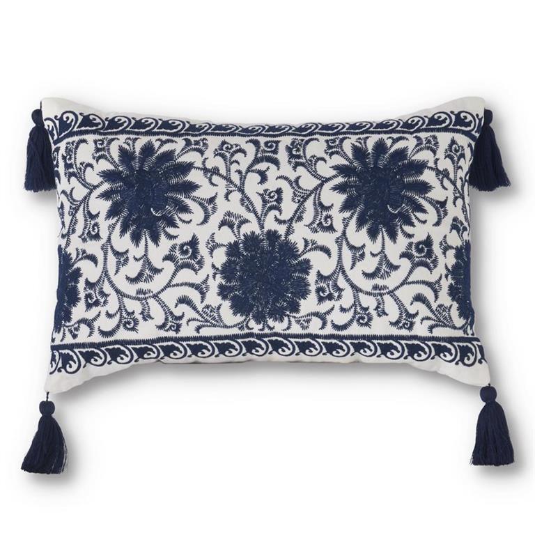 18 INCH RECTANGULAR BLUE & WHITE EMBROIDERED MANDALA PILLOW W/TASSELS