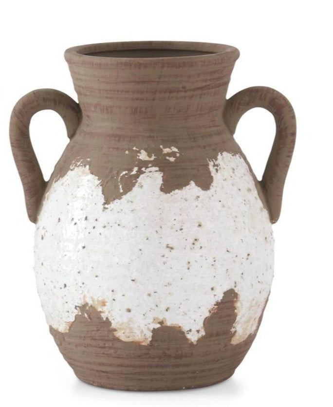 MATTE TAUPE & WHITE GLAZED DOUBLE HANDLE CERAMIC VASE, Small
