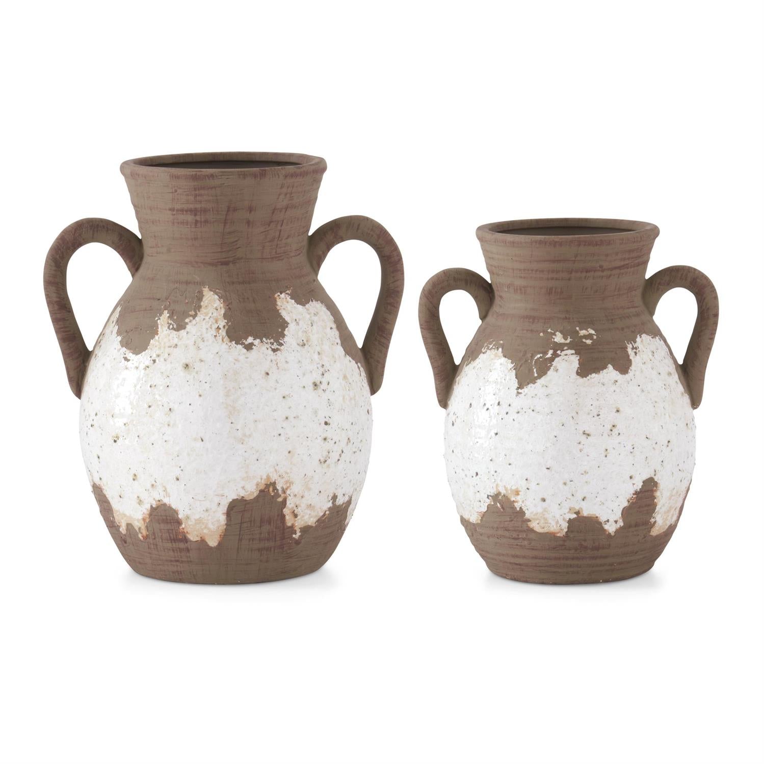 MATTE TAUPE & WHITE GLAZED DOUBLE HANDLE CERAMIC VASE, Small