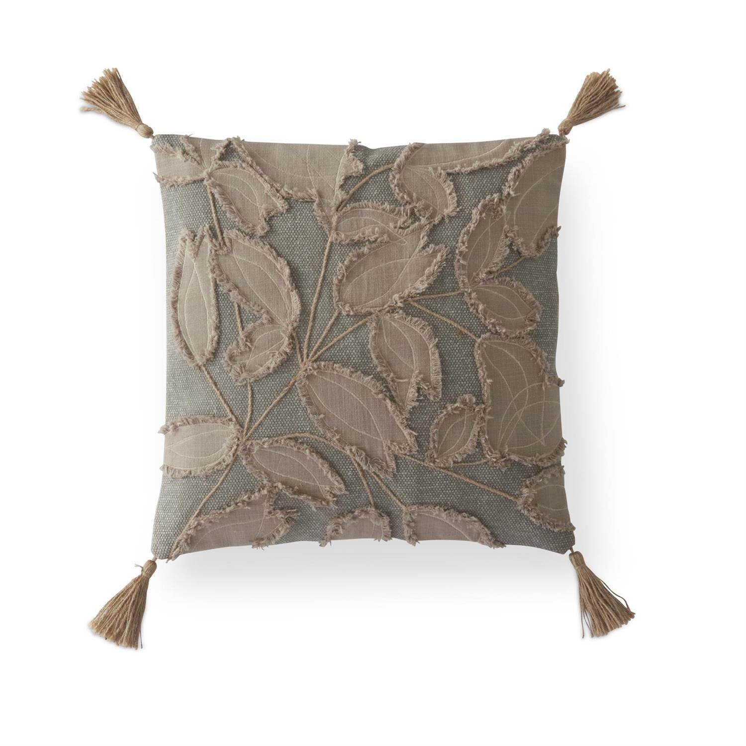 Square Gray Pillow w/Taupe Leaf Embroidered Applique & Tassels