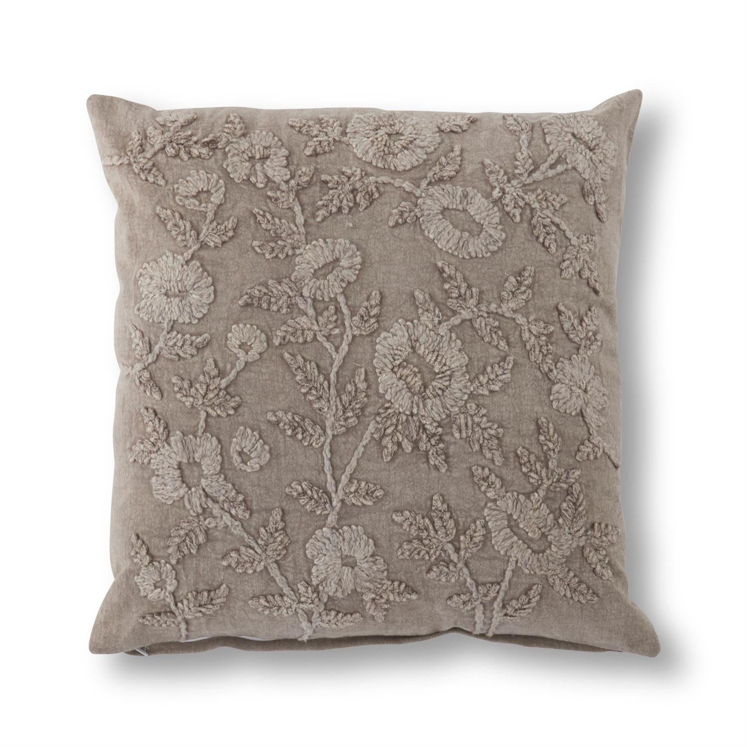 Cotton Stone Washed Taupe Floral Embroidered Pillow