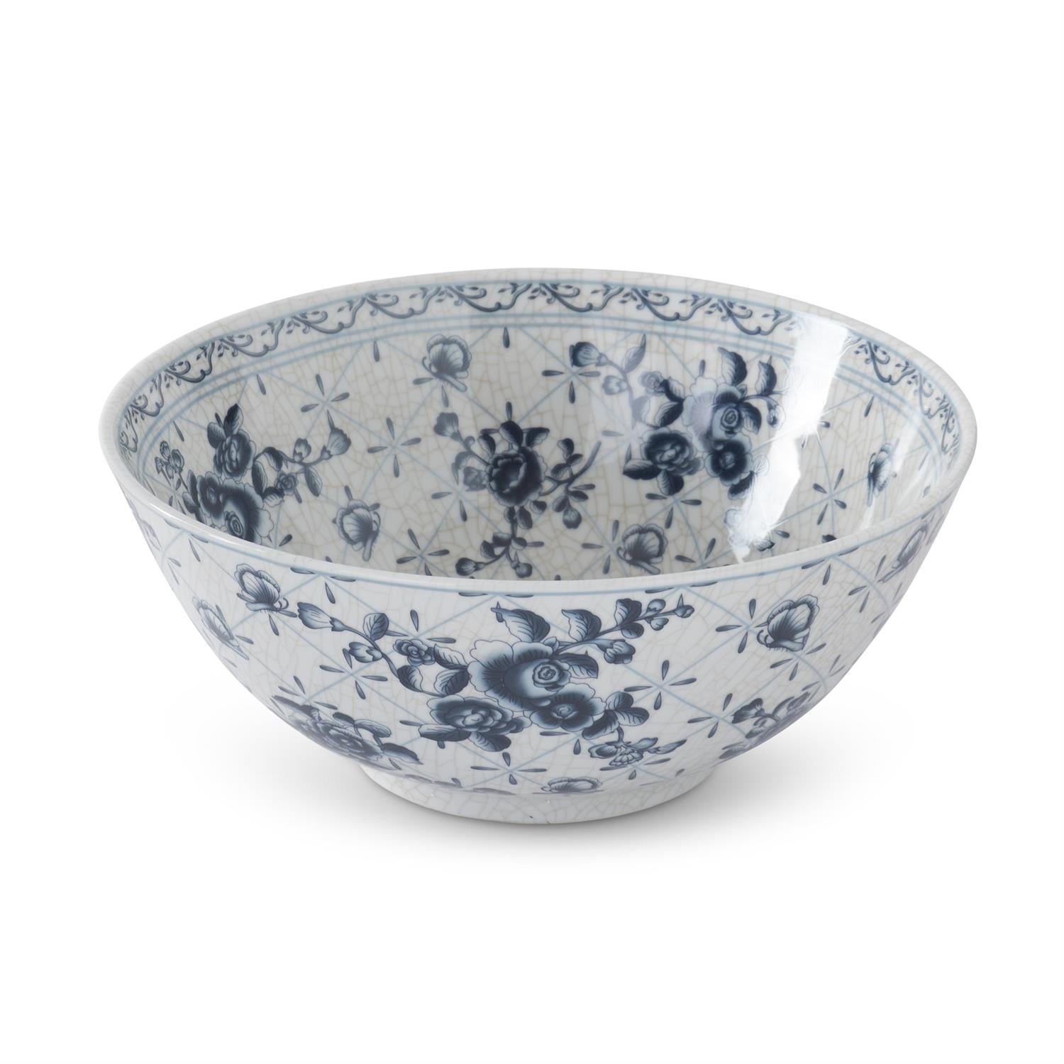 13.75 INCH WHITE & BLUE FLORAL CERAMIC BOWL