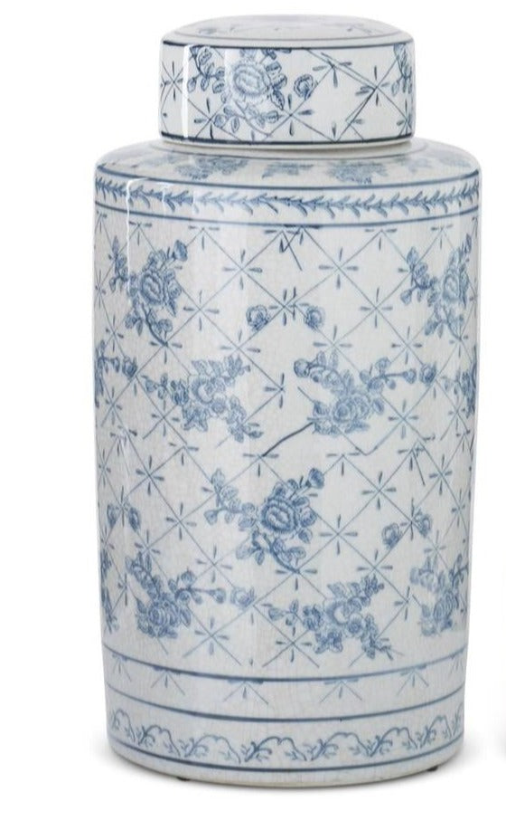 WHITE & BLUE FLORAL CERAMIC GINGER JAR, Large