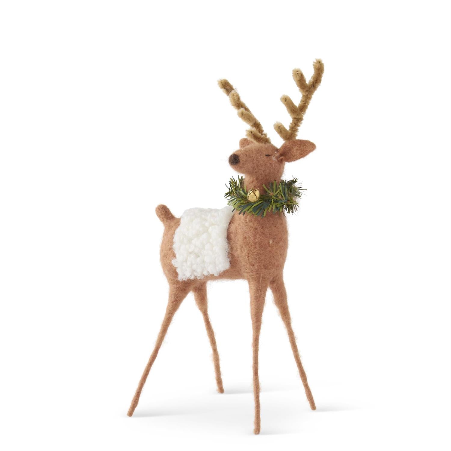 TAN WOOL REINDEER W/WREATH & BELL (9.5 INCH)