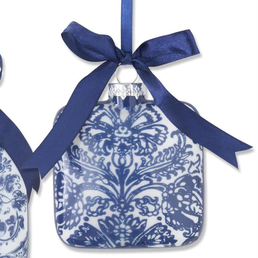 BLUE & WHITE FLORAL PRINT SQUARE GLASS ORNAMENT