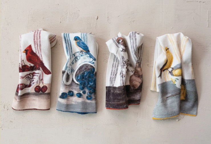 Cotton Waffle Weave Tea Towel with Bird on Dish & Pom Pom Trim, 4 Styles