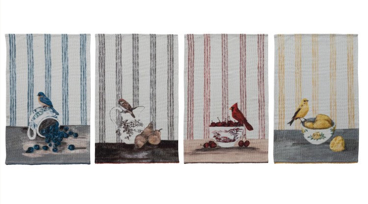 Cotton Waffle Weave Tea Towel with Bird on Dish & Pom Pom Trim, 4 Styles