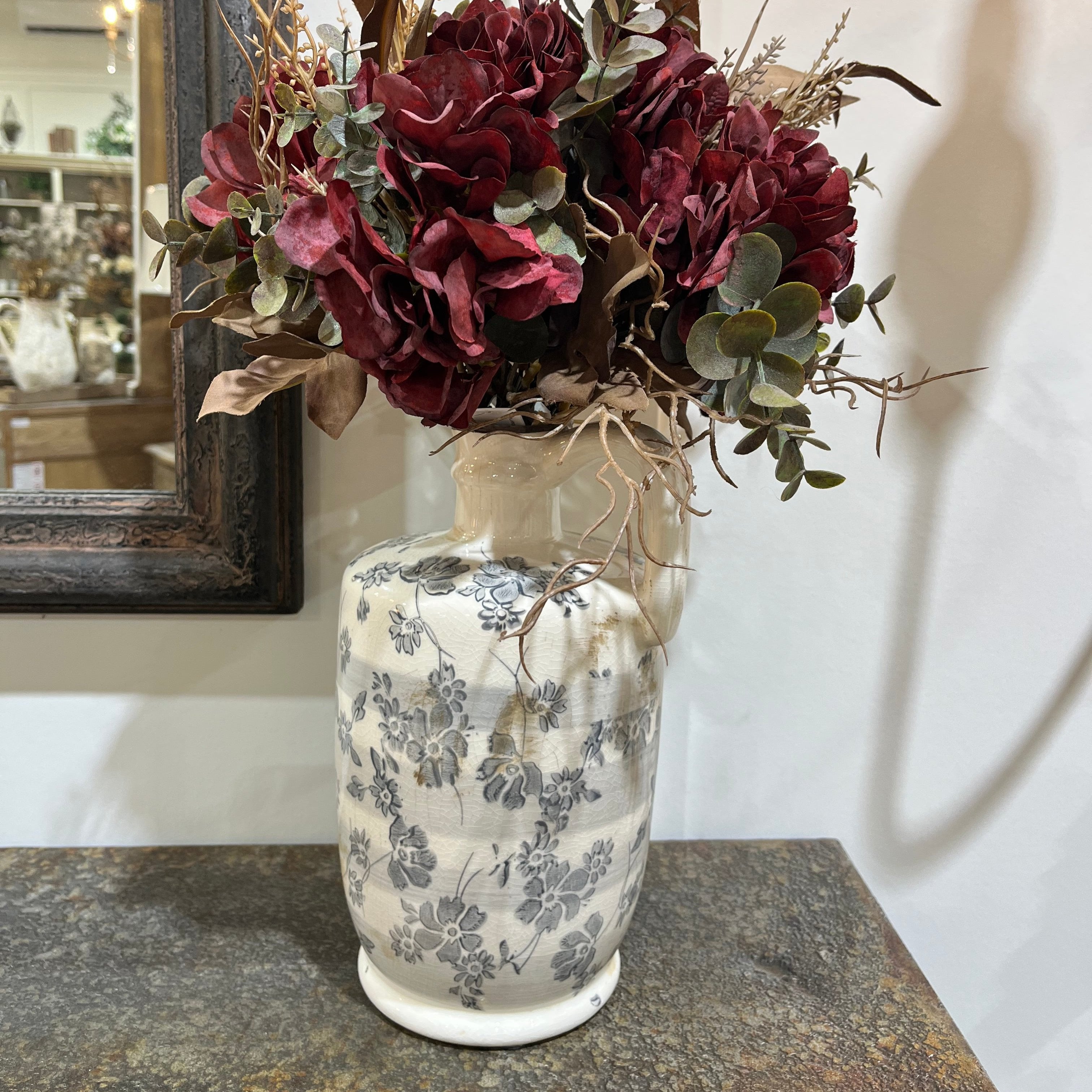 CERAMIC CREAM CRACKLE W/GRAY FLORAL VASES, 10