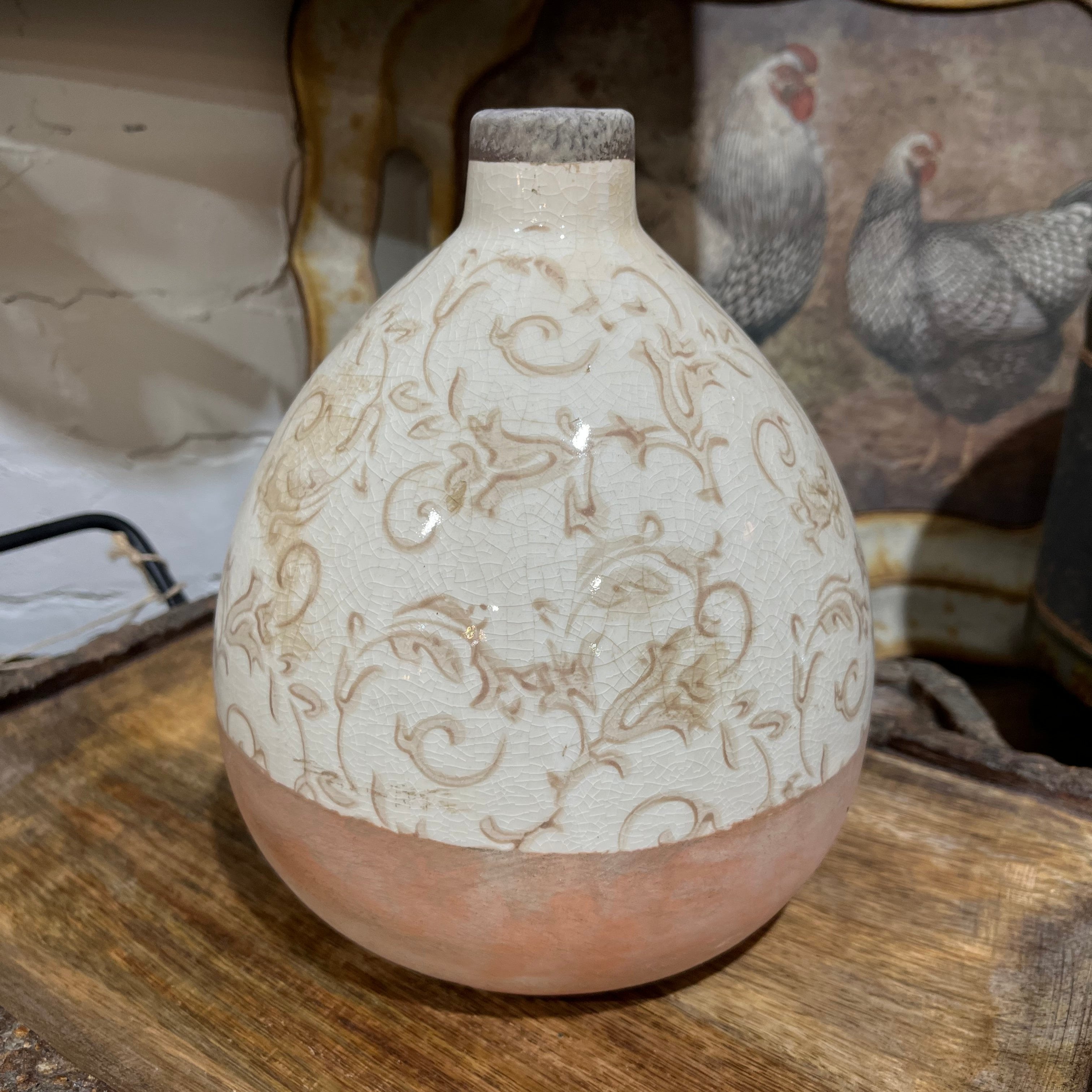 Cream Ceramic Vase W/Tan Floral Top (Small)