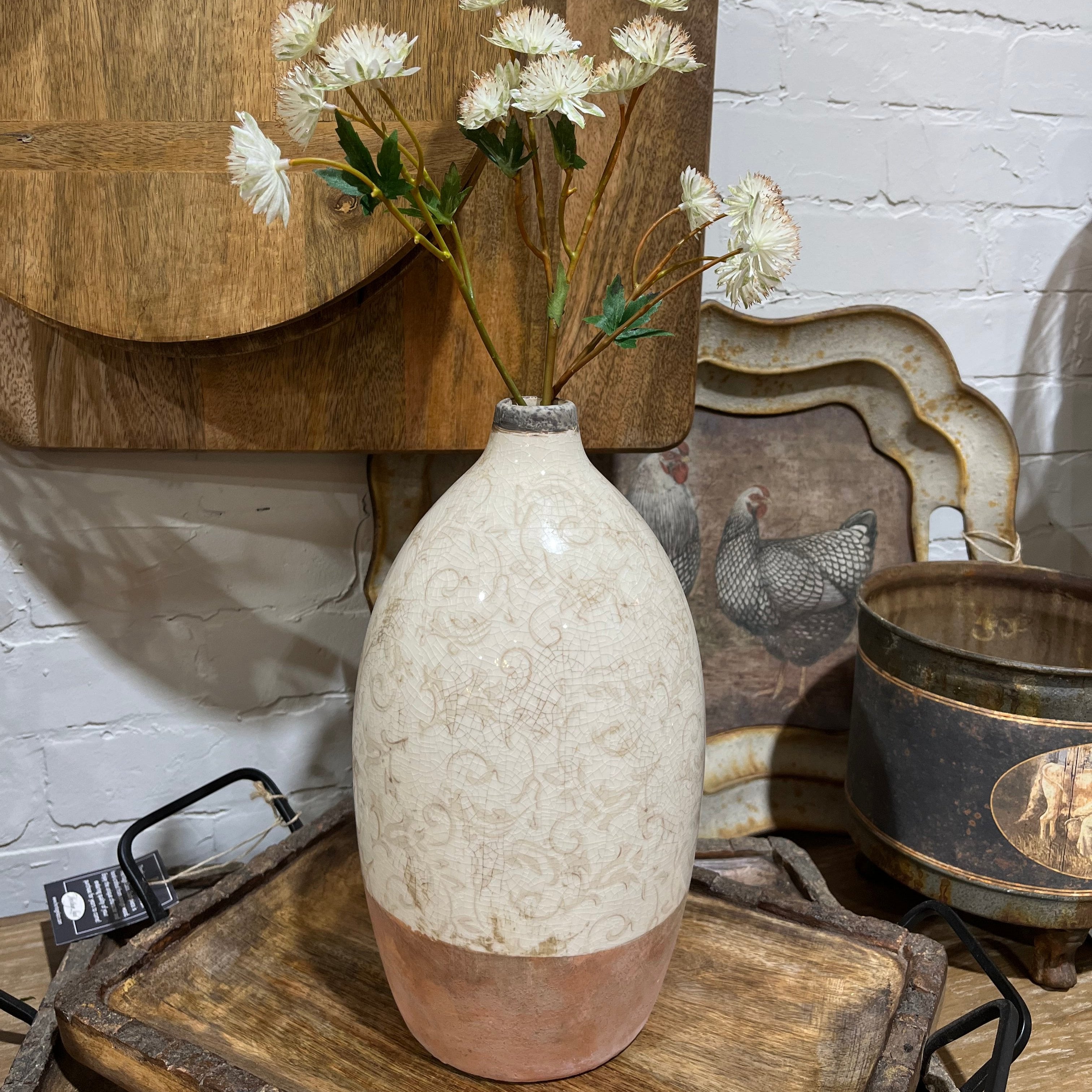 Cream Ceramic Vase W/Tan Floral Top (Large)