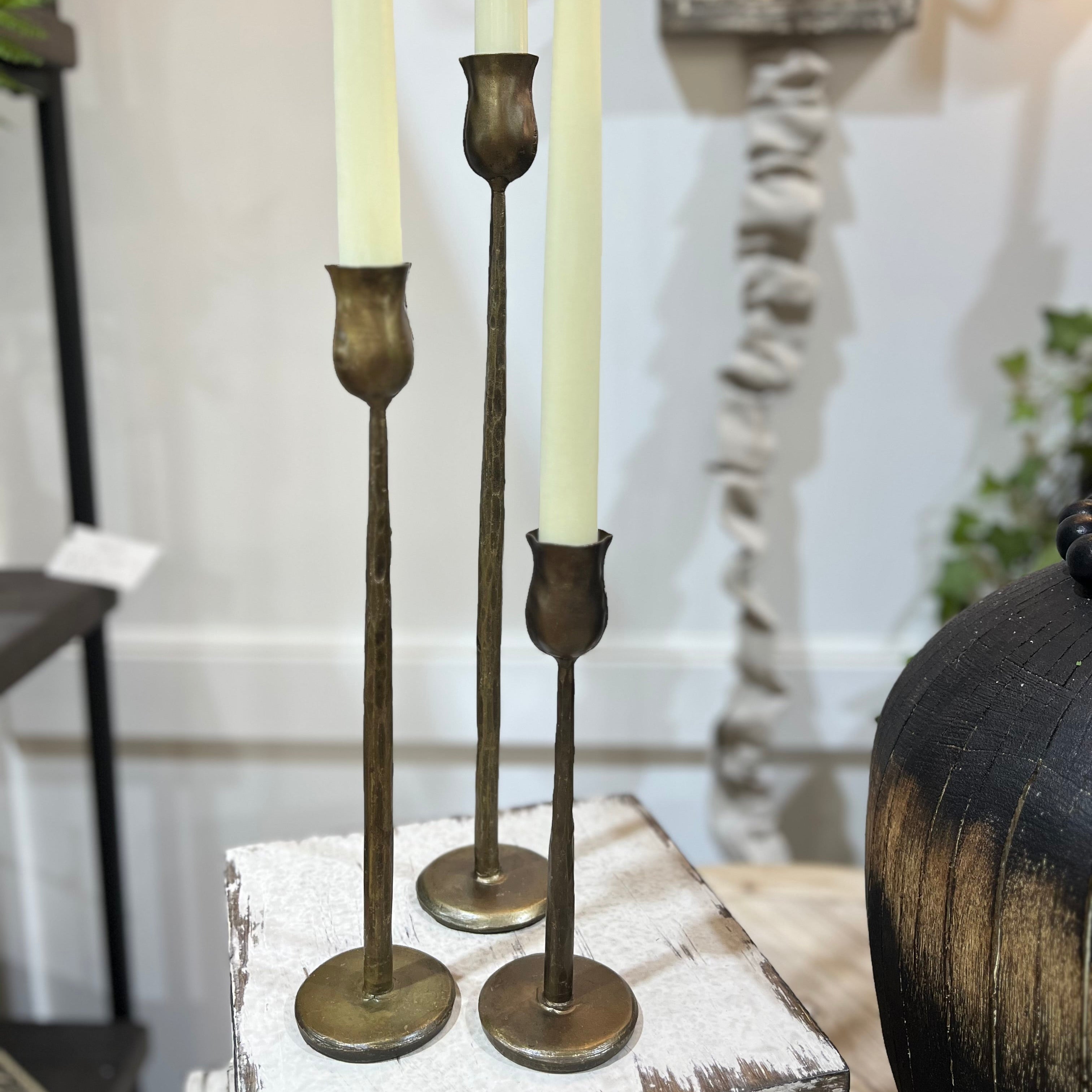 Set of 3 Antique Brass Finish Metal Taper Candle Holders