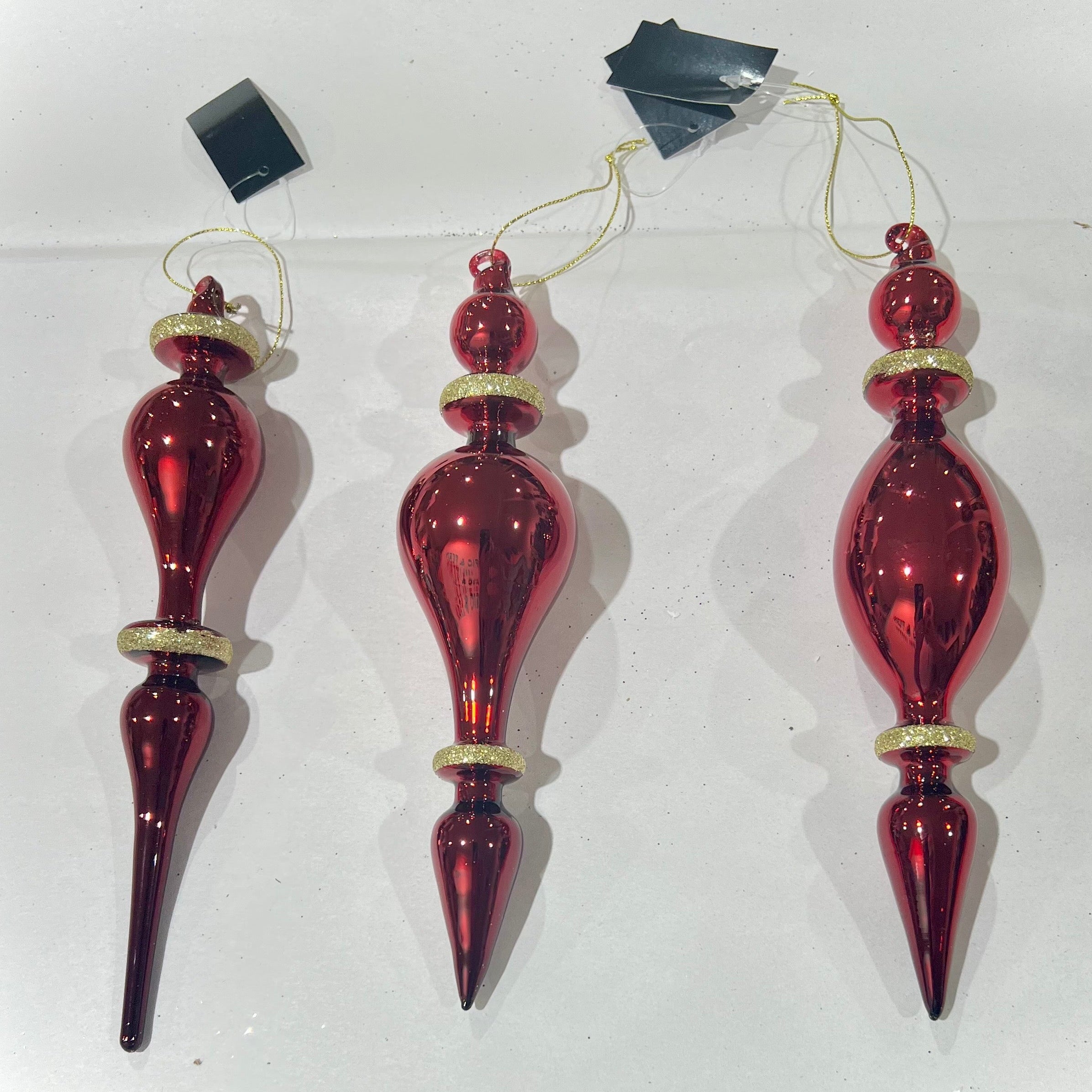 Red Glass Finial Ornament w/Gold Glitter Trim