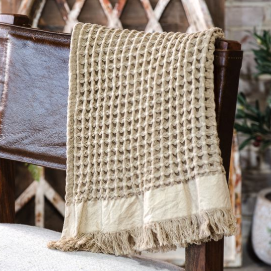 KHAKI WAFFLE FRINGE THROW