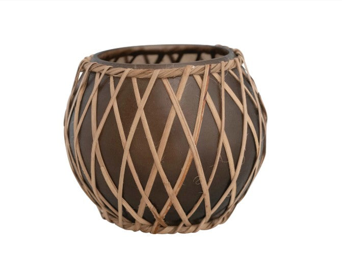 Woven Rattan & Glass Votive Holder