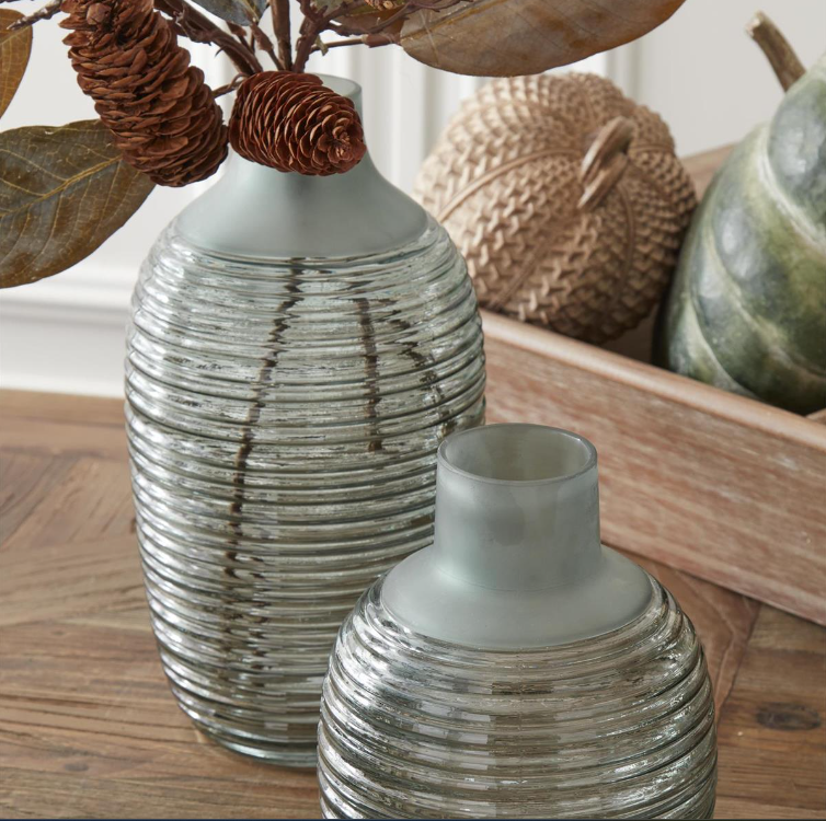 Frosted Sage Green Ribbed Bottle Neck Vase