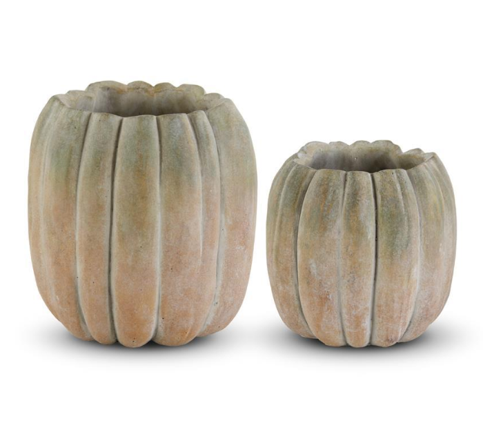 Tall Whitewashed Orange and Green Cement Pumpkin Pot