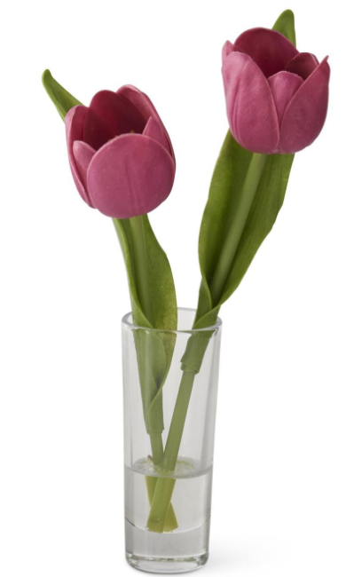 8.5 Inch Fuchsia Real Touch Double Tulip Premade in Glass Vase