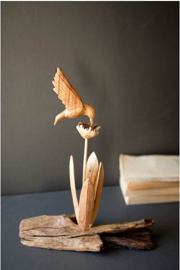 Repurposed Wood Sculpture with Hand-Carved Humming Bird