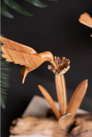 Repurposed Wood Sculpture with Hand-Carved Humming Bird
