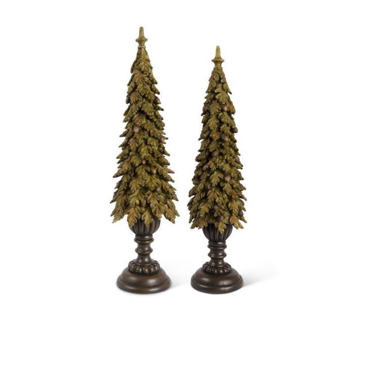 Set of 2 Resin Brown Oak Leaf Trees w/Acorns on Pedestals