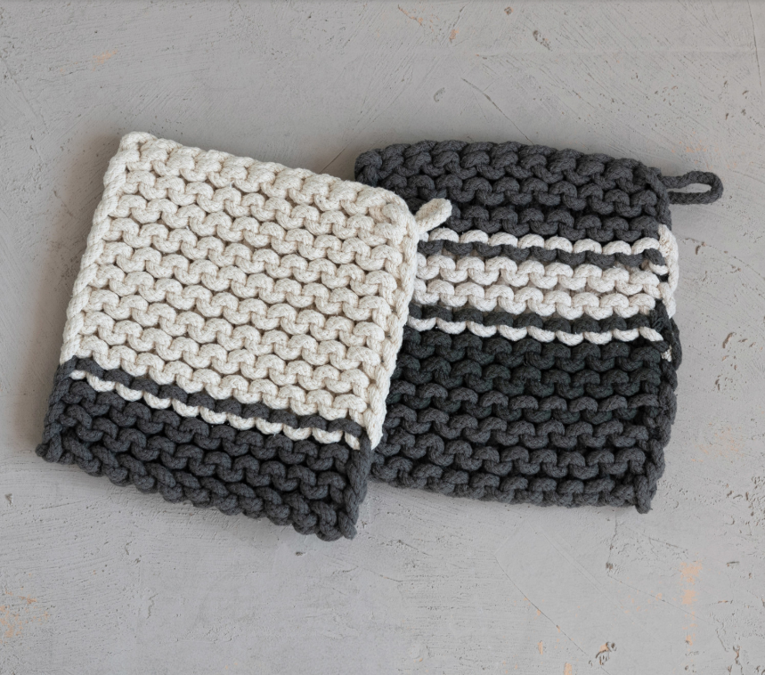 Cotton Crocheted Pot Holder, 2 Styles in Black