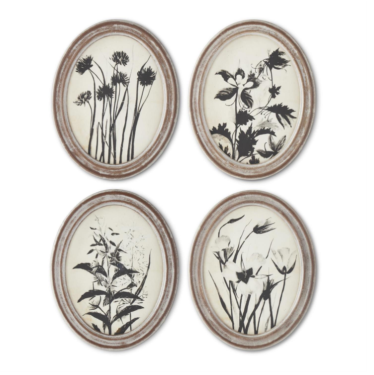 Wood Framed Oval Black & White Botanical Prints