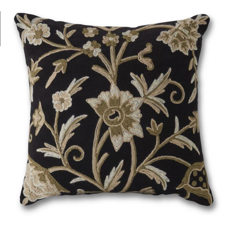 Hand Embroidered Black w/Gray Floral Pillow