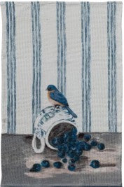 Cotton Waffle Weave Tea Towel with Bird on Dish & Pom Pom Trim, 4 Styles