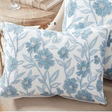 White Linen & Blue Embroidered Lumbar Floral Pillow