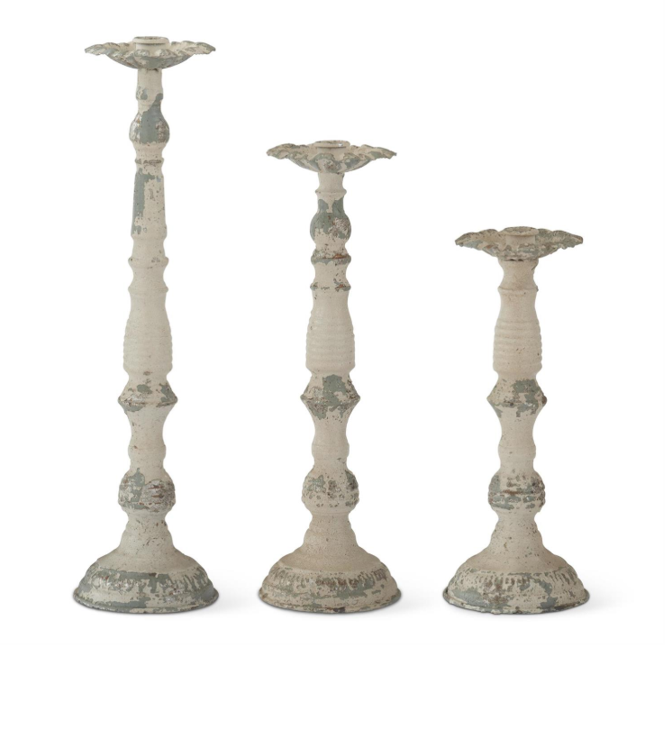 Weathered Cream w/Blue & Silver Metal Taper Candleholders, Set of Three