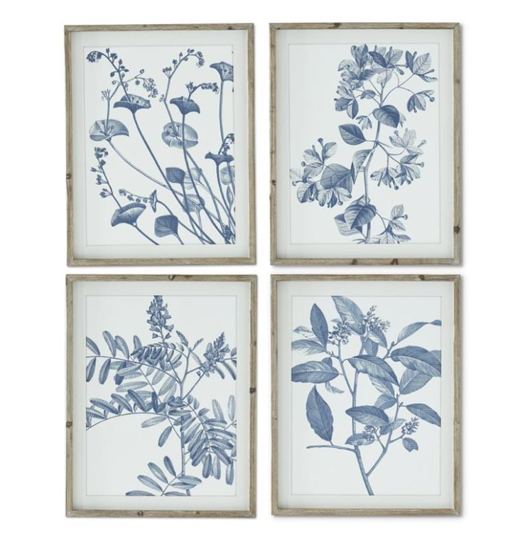 Wood Framed Blue & White Botanical Prints