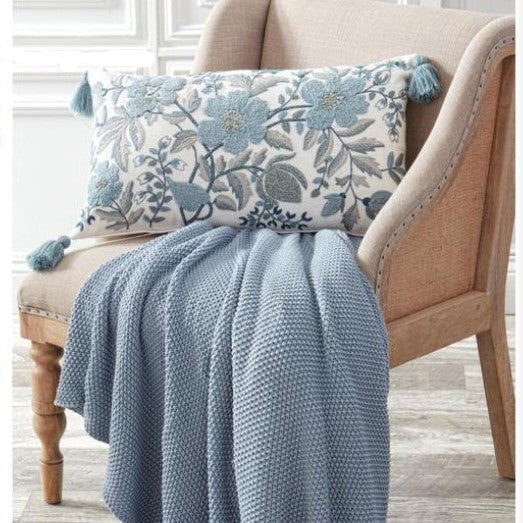 White Linen & Blue Embroidered Floral Pillow