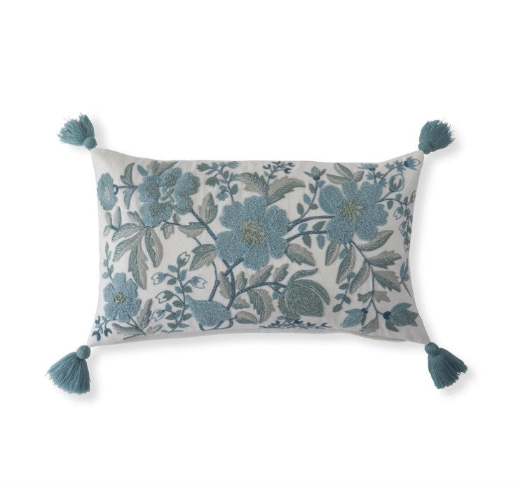 White Linen & Blue Embroidered Floral Pillow