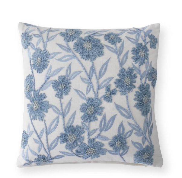 White Linen & Blue Embroidered Floral Pillow
