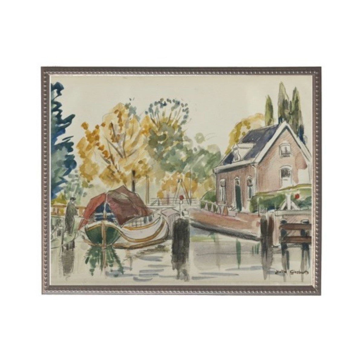 Watercolor Boats in Beaded Pewter Frame