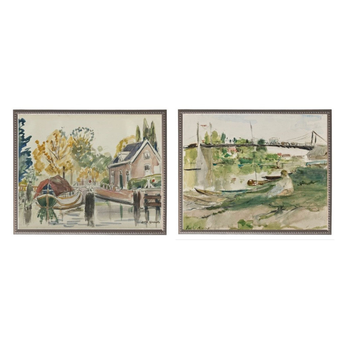 Watercolor Boats in Beaded Pewter Frame