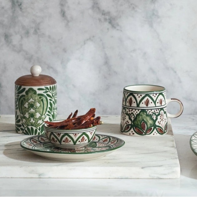 Hand-Painted Stoneware Bowl w/ Design, Cream Color, Brown & Green