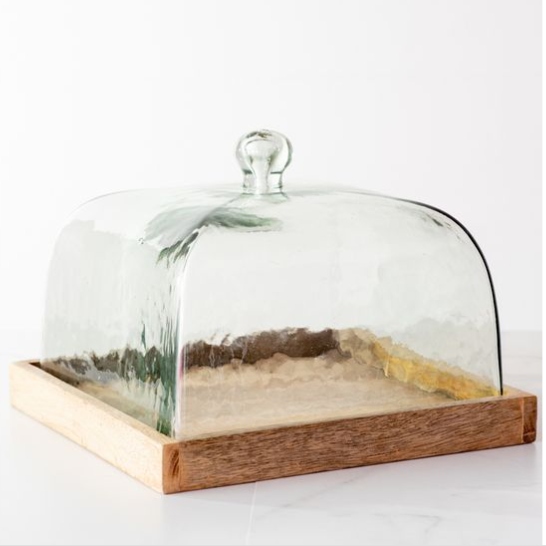 GLASS CAKE COVER WITH WOOD BASE