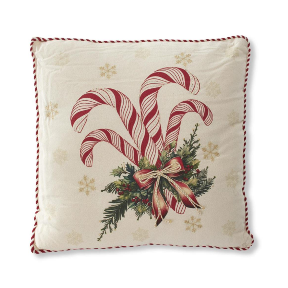 Cream & Gold Candy Cane Square Pillow w/Striped Piping