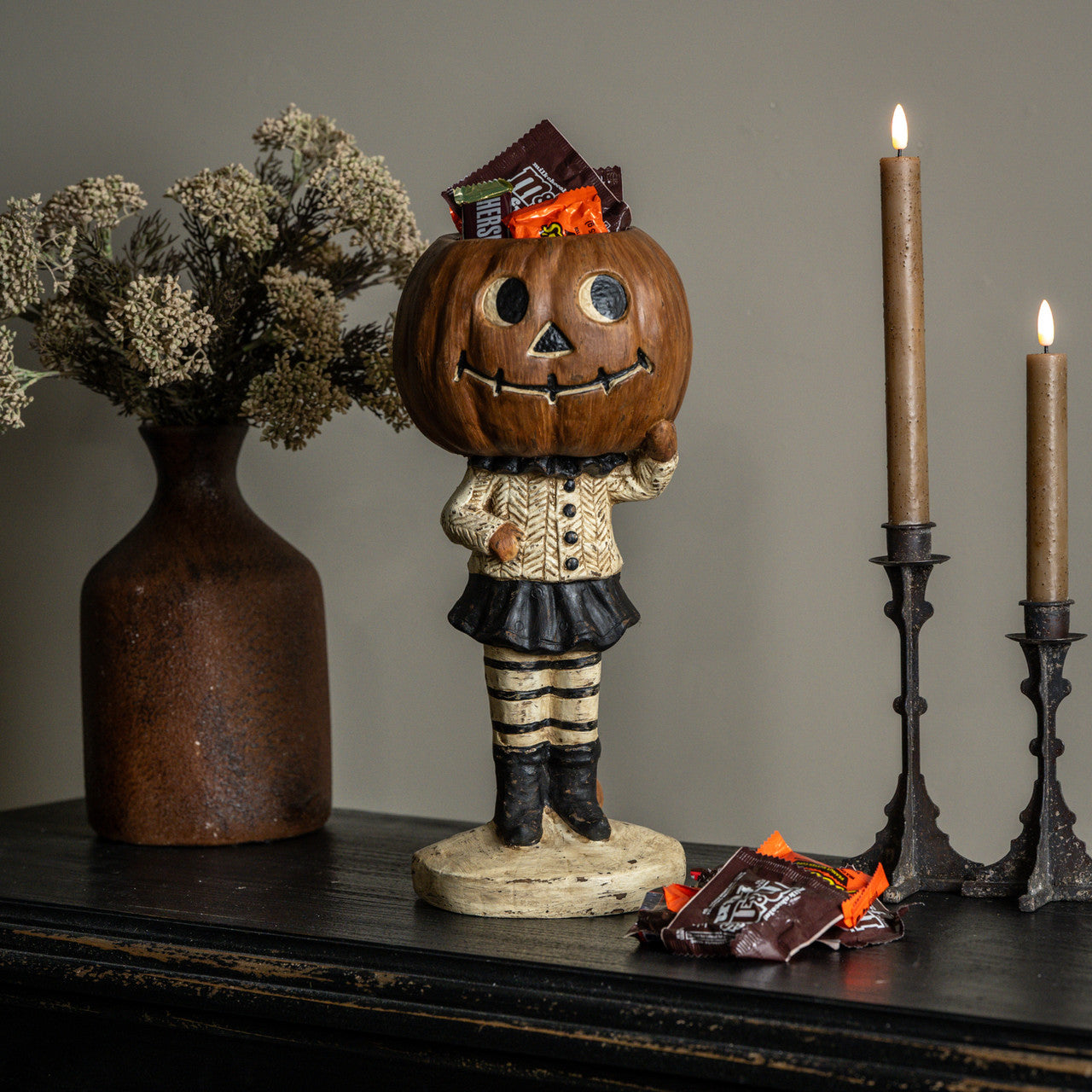PUMPKIN GIRL W/ STRIPED LEGGINGS CANDY DISH