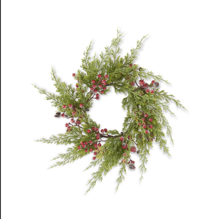 Cypress Pine w/Dark Red Iced Berry Candle Ring