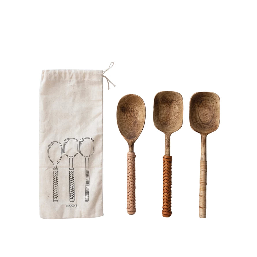 Mango Wood Spoons with Bamboo and Leather, Set of 3