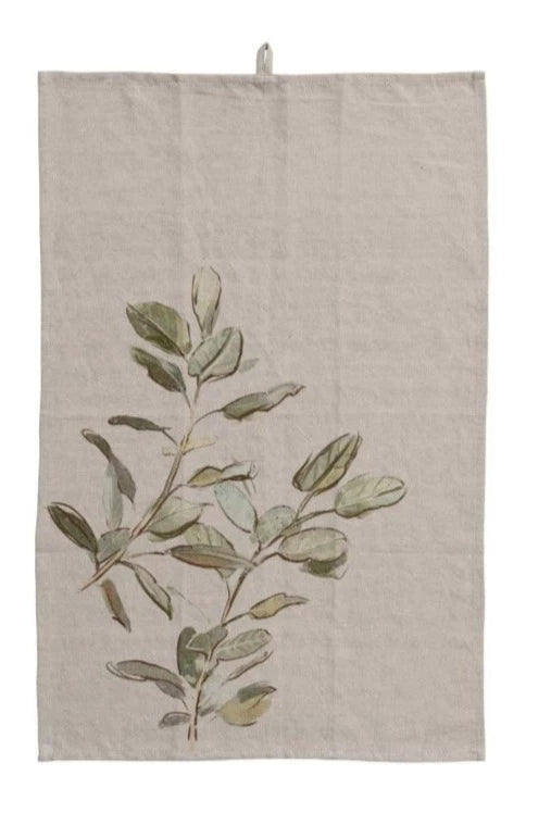 Cotton & Linen Printed Tea Towel w/ Botanical Image & Loop (1 of 3)