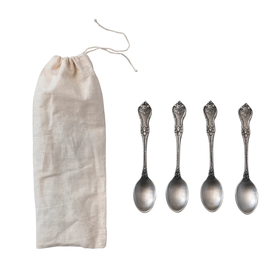 Embossed Brass Spoons in Printed Drawstring Bag, Antique Silver Finish, Set of 4