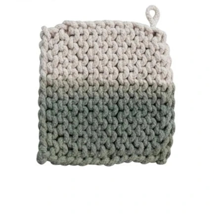 Cotton Crocheted Dip Dyed Pot Holder, Teal & White